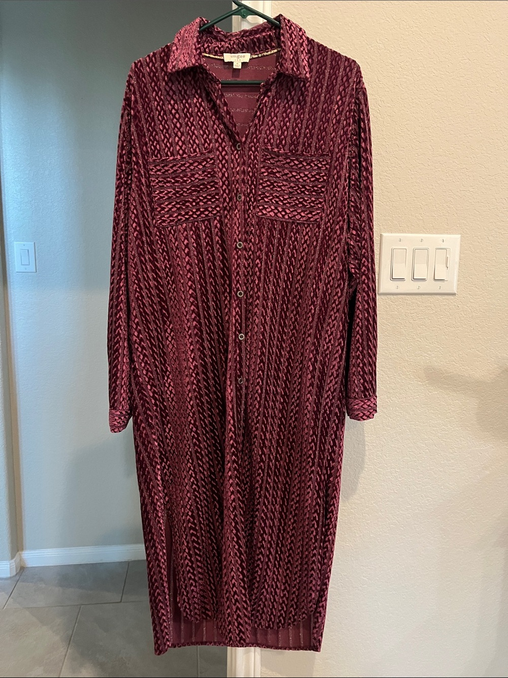 Umgee Burgundy Patterned Long Sleeve Button-Front Shirt Dress